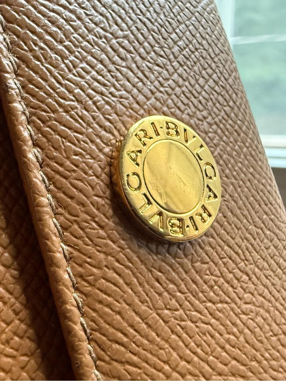 Bvlgari Tan Pebbled Leather Wallet with Gold Logo Medallion